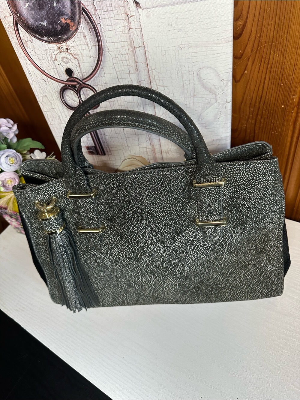 Ivanka Trump Metallic Gray Textured Tote with Tassel - Picture 8 of 16